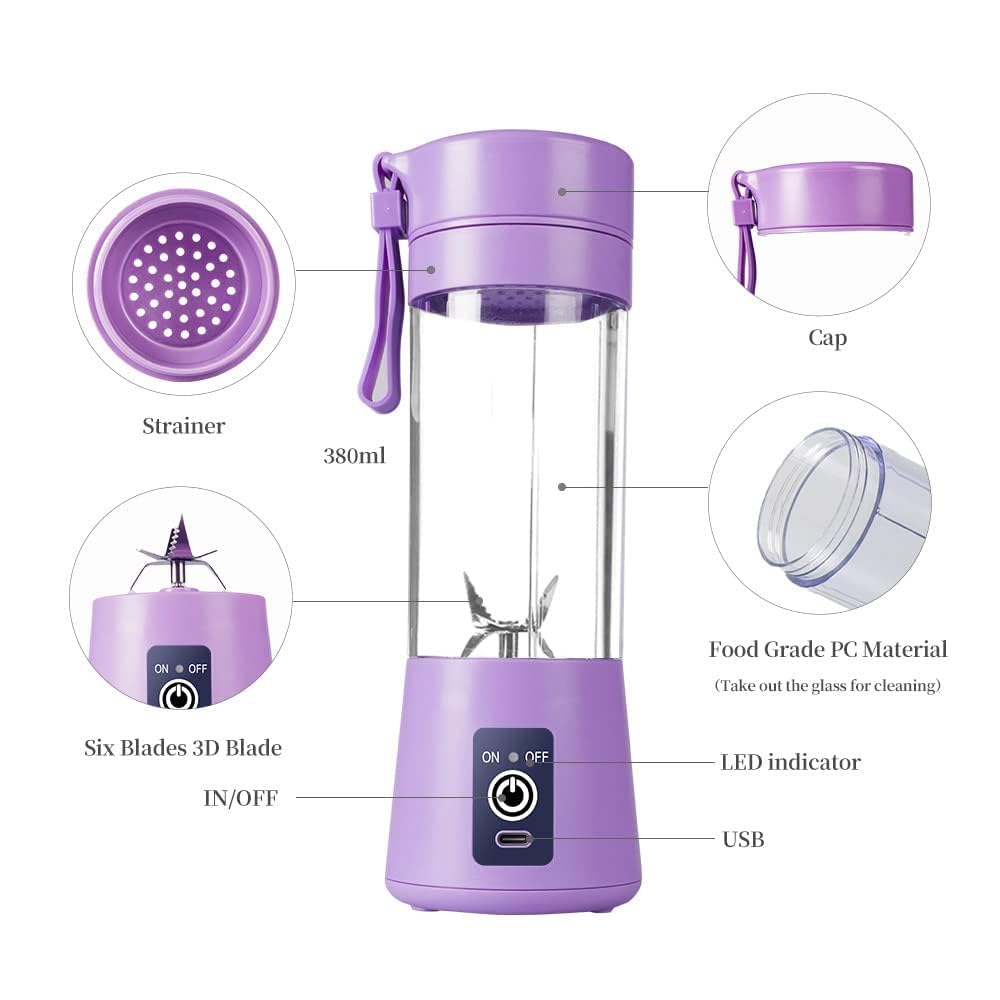 Portable USB Electric Juicer Blender – 6 Stainless Steel Blades | Rechargeable Protein Shaker & Smoothie Maker (380ml)