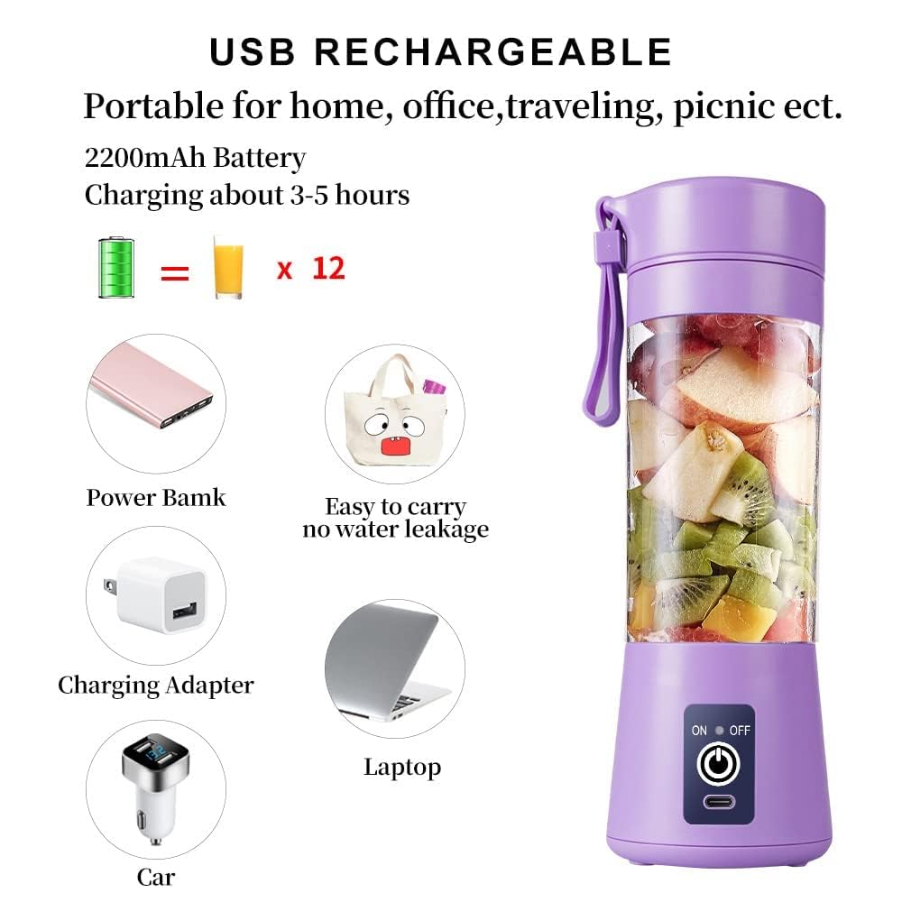 Portable USB Electric Juicer Blender – 6 Stainless Steel Blades | Rechargeable Protein Shaker & Smoothie Maker (380ml)