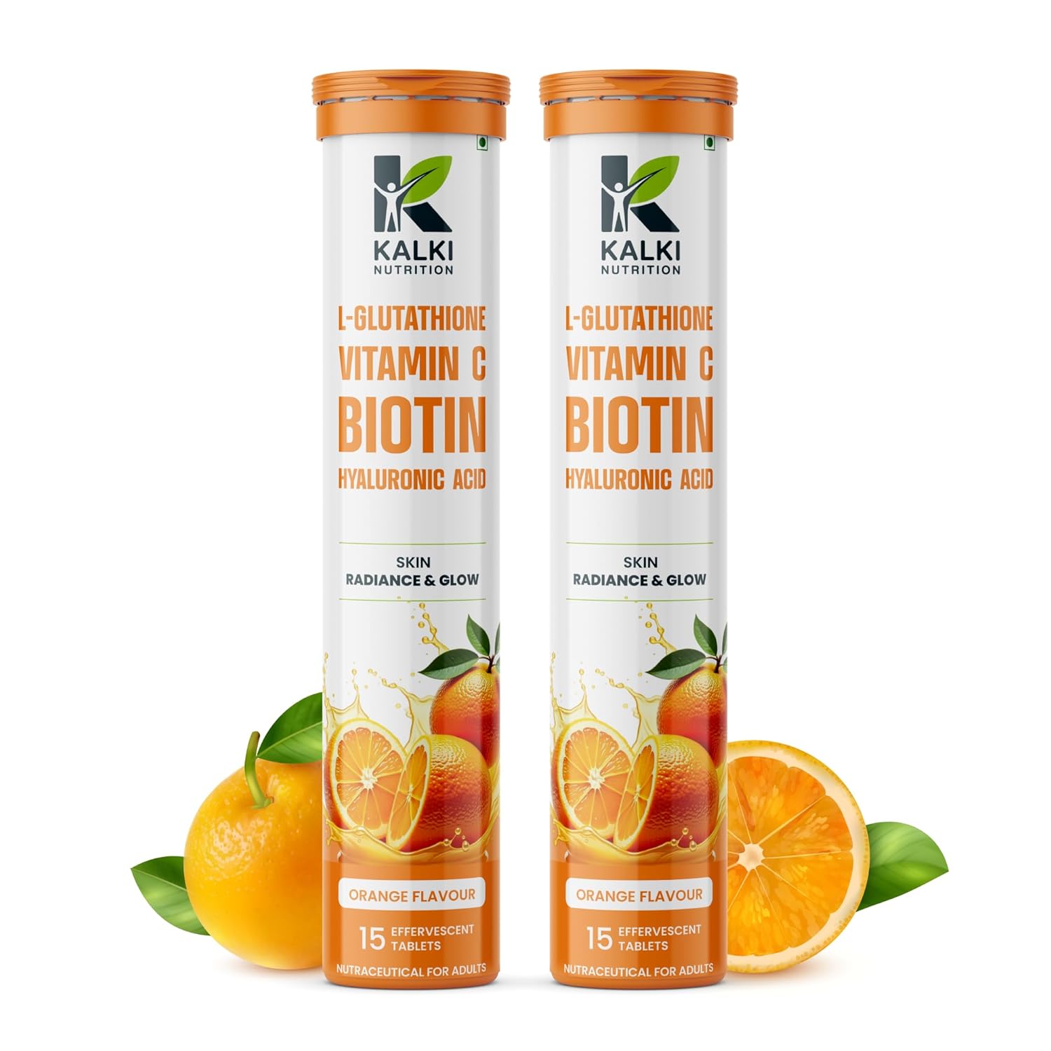 Kalki L-Glutathione 500mg Effervescent Tablets Orange Flavour | Pack of 2 (30 Tablets)