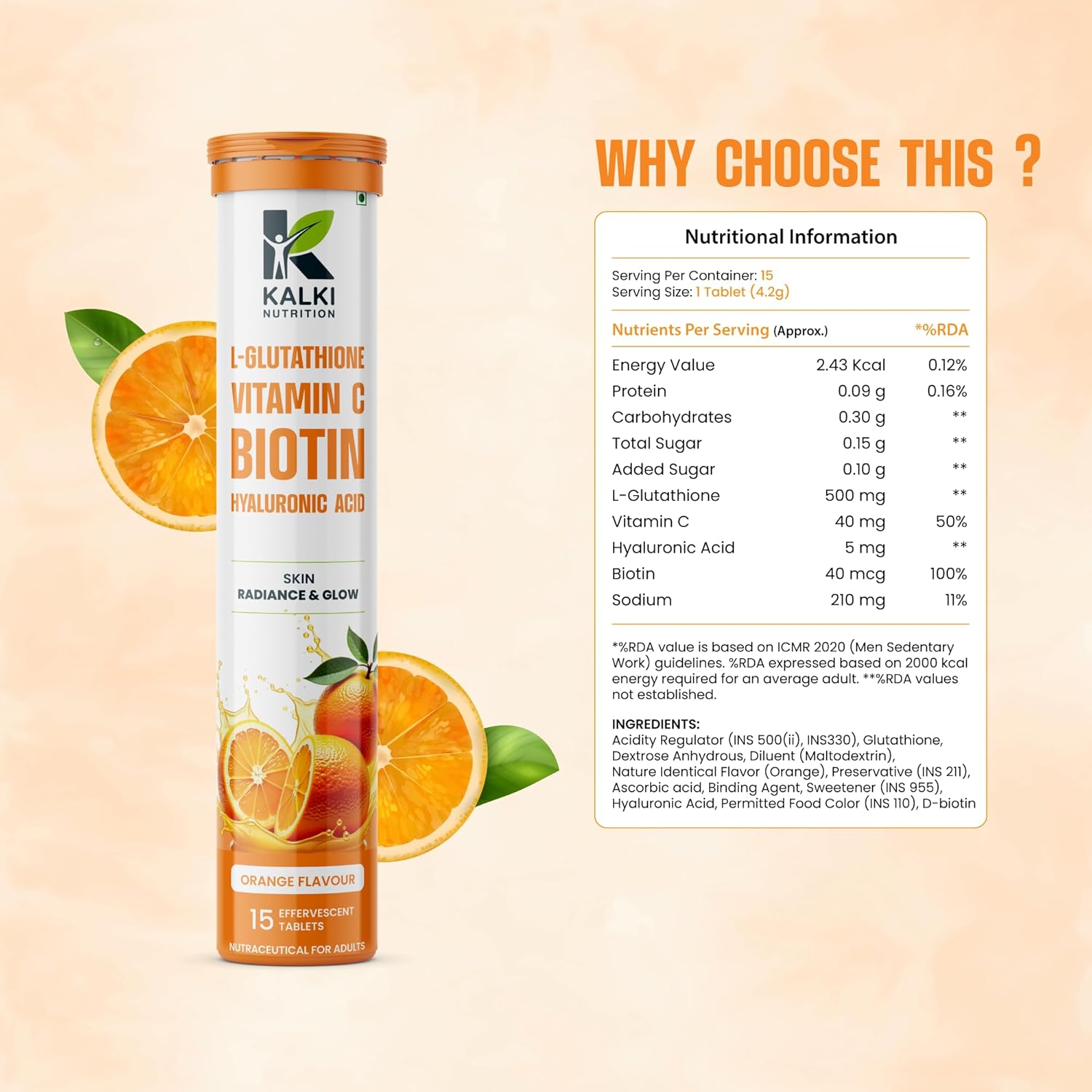 Kalki L-Glutathione 500mg Effervescent Tablets Orange Flavour | Pack of 2 (30 Tablets)