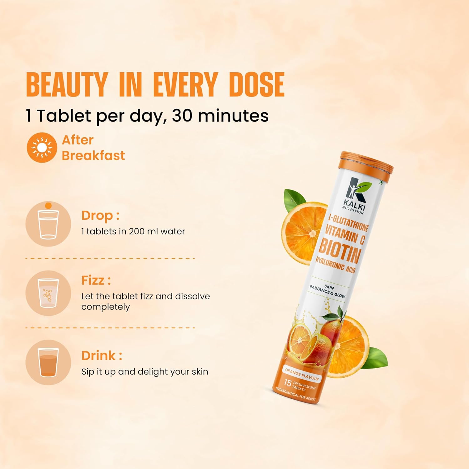 Kalki L-Glutathione 500mg Effervescent Tablets Orange Flavour | Pack of 2 (30 Tablets)