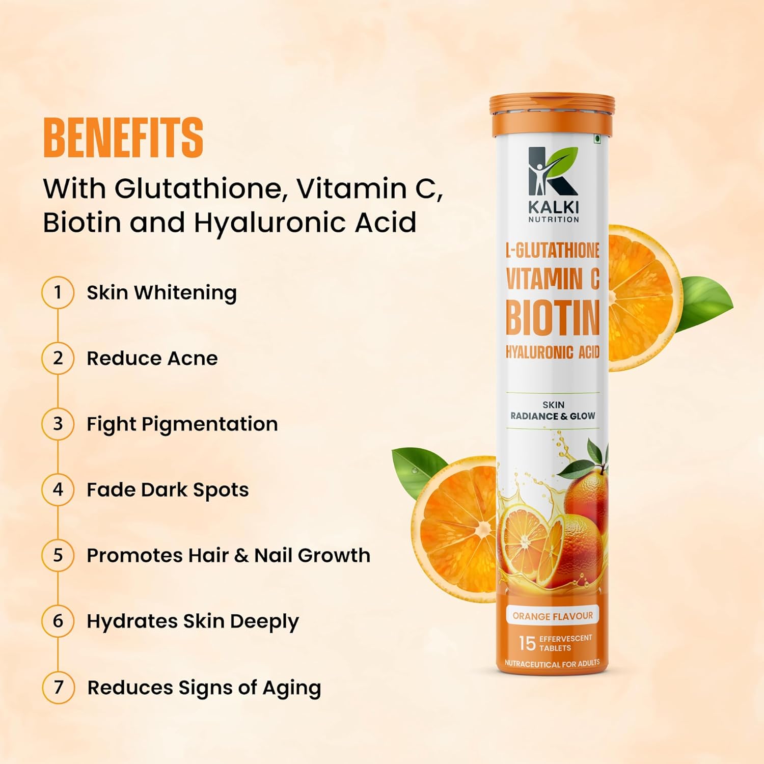 Kalki L-Glutathione 500mg Effervescent Tablets Orange Flavour | Pack of 2 (30 Tablets)